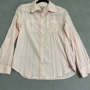 Chicos Pink Crinkle Women 1 Medium Button Front Top Roll Tab Sleeves Lightweight